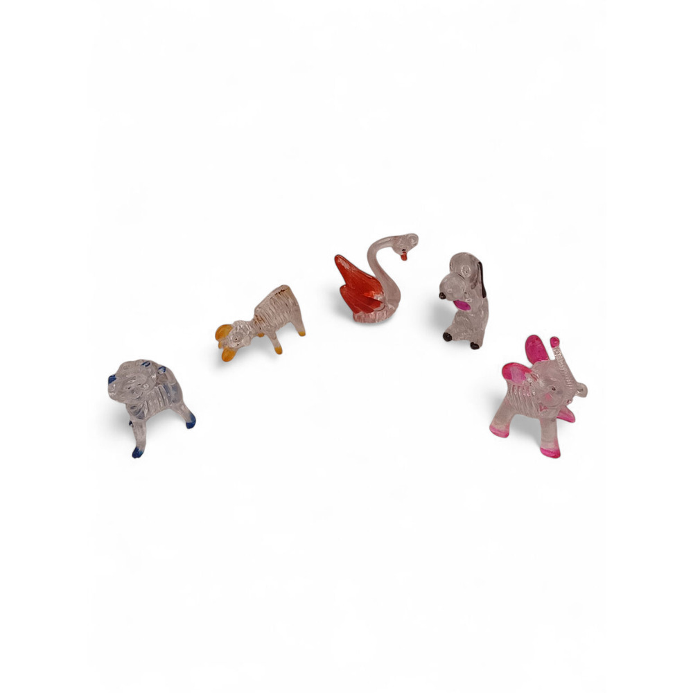 Vintage 1970's Mini Animal Figures Lot of 5 Clear Plastic Swan Dog Cat